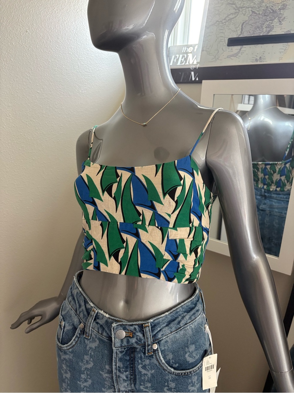 Zara Blue, Green & Cream Abstract Spaghetti-Strap Crop Top